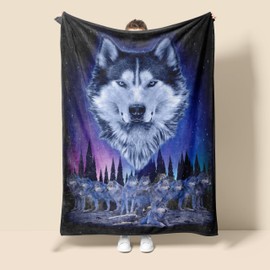 Wolf Fleece Blanket for Bed, Cool Wolves and Aurora Print Super Soft Plush Blanket Cozy Fuzzy Flannel Wolf Bedding Things for Men Women and Kid for Couch Home Bedroom Christmas Birthday 60x50 inches