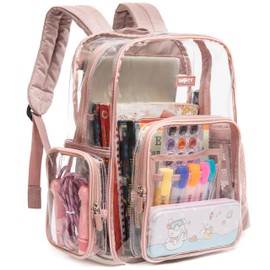 J.CARP Clear Bag Heavy Duty Backpack Durable Transparent See Through Bag (Medium, Pink)