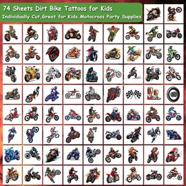 CHARLENT Temporary Dirt Bike Tattoos for Kids Party Supplies - 74 Individual Sheets Motorcycle Tattoos for Boys Motocross Birthday Party Gifts Goodie Bag Fillers