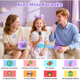 Mini Karaoke Machine for Boys and Girls, Portable Bluetooth Speaker with 2 Wireless Mics, Kids Karaoke Toys with Colorful Lights for Ages 3,4,5,6,7,8,9,10+ Years Old Toddler Teens(Purple)