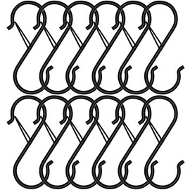 12 Pack S Hooks for Hanging, Safety Buckle Design Heavy Duty Metal Black S Hooks for Hanging Plants, Kitchenware, Pots, Pans, Cups, Clothes, Towels, Bags in Kitchen, Bathroom, Closet, Garden