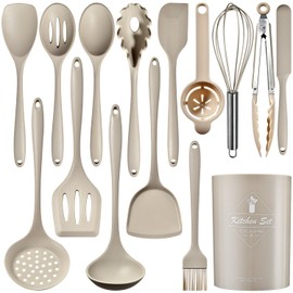 Silicone Kitchen Utensils Set - 15 Pieces Non Toxic Silicone Utensils Set For Cooking，428°F Heat Resistant Food Grade Kitchen Tools，Dishwasher Safe(Khaki, 15 Piece Set)
