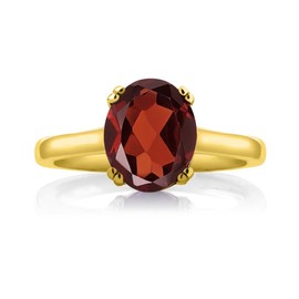 Gem Stone King 3.63 Cttw Oval Red Garnet and White Diamond 18K Yellow Gold Plated Silver Solitaire Ring For Women | Gemstone Birthstone | Available In Size 5, 6, 7, 8, 9