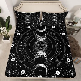 Manfei - Juego de sábanas de sol y luna, tamaño individual, juego de cama psicodélico con estrellas espaciales para decoración de habitación de niños, color negro, sol, luna, bohemio, 3 piezas con