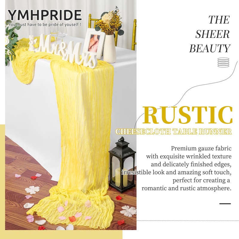 YMHPRIDE 2 Packs Cheesecloth Table Runner Baby Yellow, 90x300cm Light