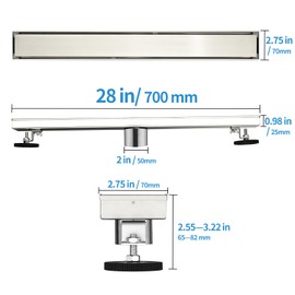Kuaisailsk Linear Shower Drain ，28 Inch Brushed 304 Stainless Steel Rectangle Shower Floor Drain，with Reversable Tile-inPattern Drain Cover & Hair Catcher, Adjustable Feet