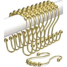 Shower Curtain Hooks Rust Proof (Set of 12) - Stainless Steel Shower Curtain Rings - Anti Slip Roller Balls for Easy Glide (Omega Double Hooks, Polished Gold)