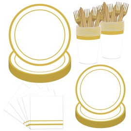 144PCS White and Gold Plates and Napkins Party Supplies Gold Disposable Dinnerware Set Include Golden Paper Dinner Dessert Plates Napkins Cups Cutlery for Birthday Wedding Bridal Shower Decor Serve 24