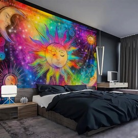 FENDROM Hippe Boho Sun and Moon Tapestry, Trippy Colorful Tapestries Mystic Aesthetic Burning Sun Moon Wall Hanging Blanket for Bedroom Living room Dorm