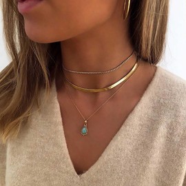 Inilbran Boho Layered Turquoise Choker Necklace Gold Snake Chain Necklace Choker Water Drops Blue Turquoise Necklace Vintage Flat Herringbone Chain Necklace Jewellery for Women and Girls, Zinc