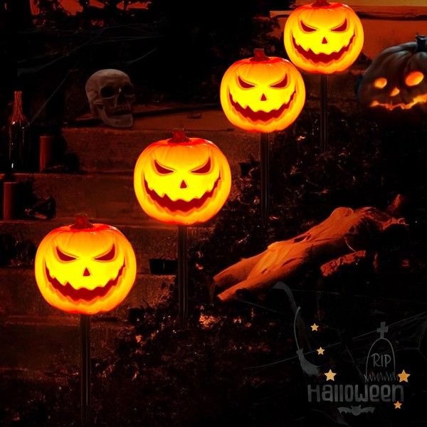 4 Pack Halloween Smiley Pumpkin Pathway Lights, 7Ft LED Decorative
