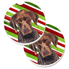 Caroline's Treasures SC9355CARC German Shorthaired Pointer Candy Cane Holiday Christmas Set of 2 Cup Holder Car Coasters Absorbent Sandstone Coasters for Car Cup Holders Gifts for Men or Women, Large,