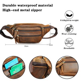 Handadsume Genuine Leather Hiking Riding Travel Fanny Pack Waist Bag Small Phone Bag for Men Women 380, 383 Brown, Classic hip backpack with small chest bag.