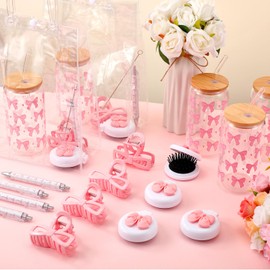 Daifunli 6 Set Baby Shower Game Prizes for Player Winners Pink Bow 17 oz Tumblers with Lids Straws Pink Bow Mirrors Pens Hair Clips Gift Bags for Baby Bridal Shower Wedding Party Favors