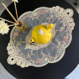 Mausouca Oval lace Doilies 2pcs soft Lace Table Placemats Franch Embroidered Table Mats Coaster (Beige, 43CM X32CM)