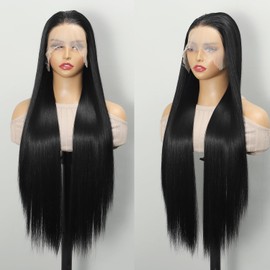 13x6 HD Lace Front Wigs Human Hair, 30 Inches Glueless Natural Black Straight Hair, 200% Density Synthetic Wig,Pre-Plucked, Heat-Resistant, Adjustable Headband Fits All Head Sizes