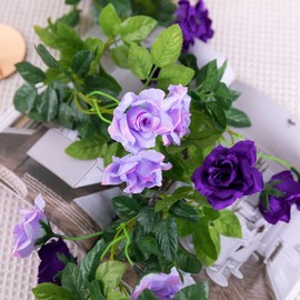 Kisflower Kisflower 3PCS Artificial Purple Flower Garlands 23.7FT Silk Rose Garland Fake Hanging Floral Garlands For Wedding Home Decoration (Purple)