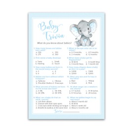 BLUE ELEPHANT Baby Shower Game — BABY TRIVIA Games — Pack of 25 — BOY Baby Shower Games, Fun Baby Facts Games, Baby Boy Shower Activity, Blue Polka Dot Baby Elephant Baby Shower Games, SKU G501-TRV