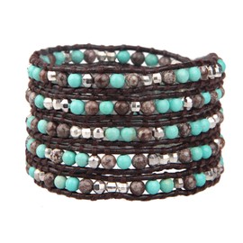 KELITCH Bracelet Men Women Blue Turquoise and Crystal Pearl 5 Wrap Leather Bracelet, Crystal turquoise, Agate