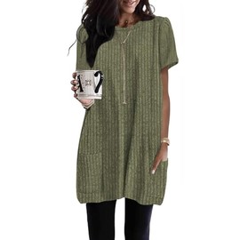 Naggoo Summer Long Shirts Plus Round Neck Short Sleeve Boxy T Shirts for Women Cotton Dressy Long Tunics or Tops to Wear with Leggings Green 2XL
