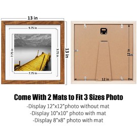 12x12 Picture Frames Solid Wood Display Pictures 10x10 or 8x8 with Mat or 12x12 without Mat - Each 12x12 Inch Square Photo Frames with 2 Mats Wooden for Wall or Tabletop Mount, Set of 2