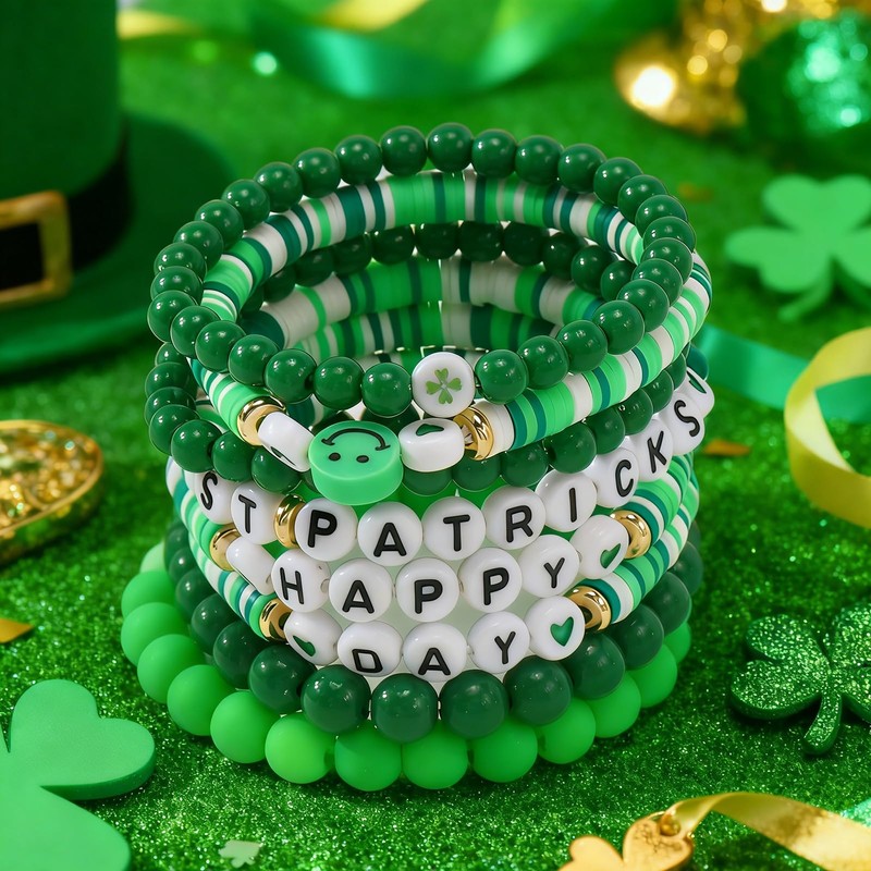 SHINUS BOHO St.Patrick's Day Green Beaded Bracelet for Women Men