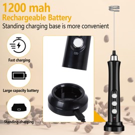 FITNATE Rechargeable Milk Frother with Stand, Handheld Milk Frother with 3 Stainless Whisks, 3 Speeds Drink Mixer Foam Maker for Coffee, Latte, Cappuccino, Hot Chocolate, Egg