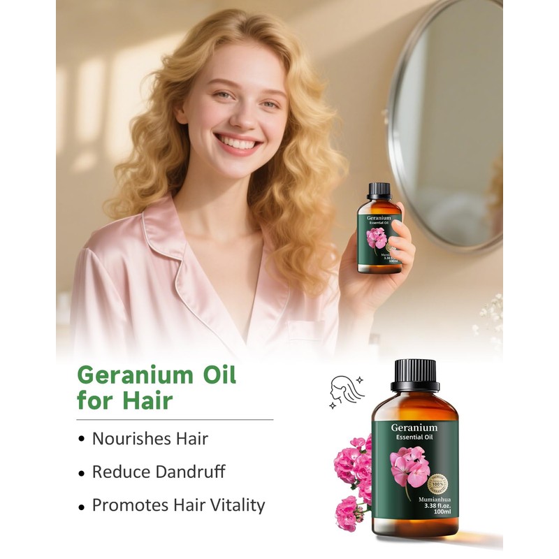 Geranium Essential Oil, Mumianhua Pure Rose Geranium Oil for Balanced