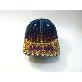 Faded Denim Red Gold Rhinestone Studded Glittery Hip Hop Ladies Fashion Streetwear Baseball Cap Hat