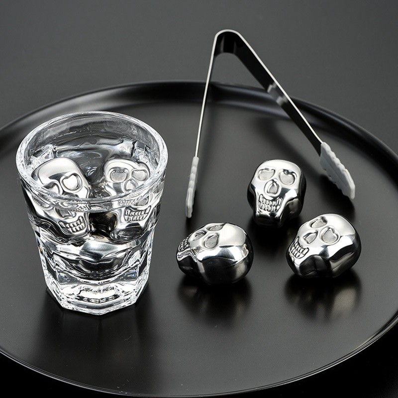 4 PCS Stainless Steel Skull Head Ice Cube with Silicone