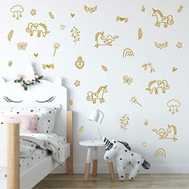 Calcomanía de vinilo para pared, diseño de unicornios y arcoíris, 40 unidades Decoración para guardería, diseño original de artista. Pegatina adhesiva de animales para niños. Unicornio nórdico para bebé, magia, flores, decoración de recámara arcoíris., D