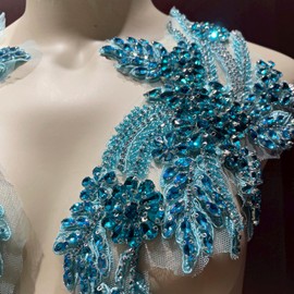 JRYYR 1 Pair of Handmade Rhinestone Appliques, 26.5 * 18cm DIY Clothing appliqué Patches, Blue Rhinestone Applique for Wedding Dress Apparel Accessories (Lake Blue)