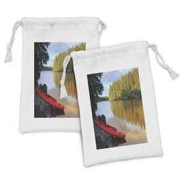 Ambesonne Minnesota Fabric Pouch Set of 2, Red Canoe Sitting on the Rocks at the Lake in Minnesota Autumn Nature Scenery, Small Drawstring Bag for Toiletries Masks and Favors, 9" x 6", Multicolor