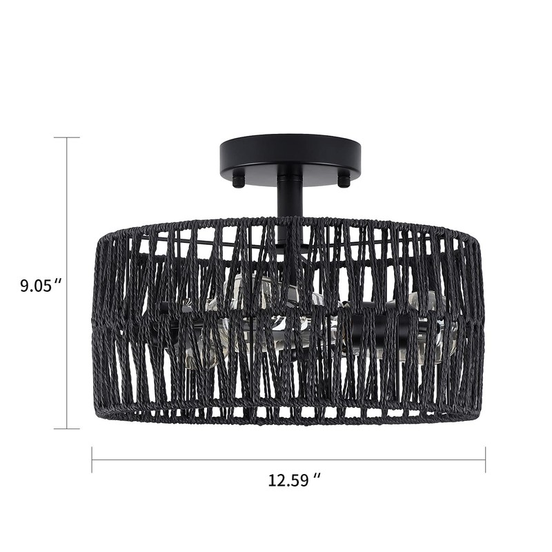 Hchunqjor 3-Light Coastal Black Woven Flush Mount Light Fixture Rustic
