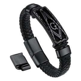 Bandmax Stainless Steel Masonic Freemason Braided Bracelets Wristband for Men Women Black Leather Cuff Bracelet Masonic Jewelry Gift for Men