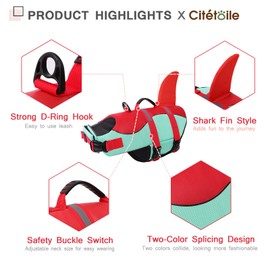 CITÉTOILE Life Jacket Dog Shark, Lightweight and Safe for Water Sports, Dog Life Jacket with Handle and Reflective for Small, Medium and Large Dogs, Red Green, L