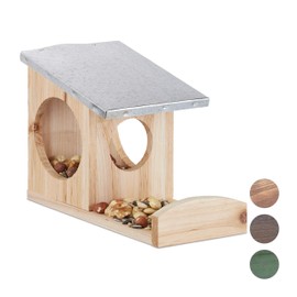 Relaxdays Wooden Squirrel and Bird Feeder Weatherproof Metal Roof, for Hanging, Garden Feeding Station, Choice of Colours, natural