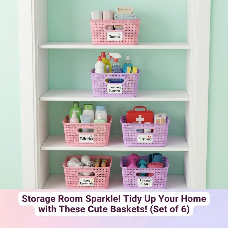 Mixed Color Small Plastic Open Storage Weave Baskets, 6-Pack Versatile