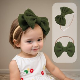 Kenjudess Super Stretchy Soft Nylon Baby Girls Headbands with Bows Colorful Large Bow-knot Hairbands Elastic Hair Accessories for Newborns Toddlers Infant (Army Green A, Standard)