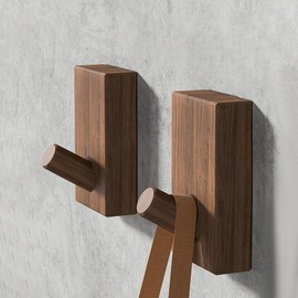 Biomoty Wood Wall Hooks, 4 Pack Adhesive Coat Hooks, Natural Wooden Hat Rack, Decorative Sticky Hooks Wall Mounted, Heavy Duty Wall Hangers for Hanging Purse (Black Walnut)