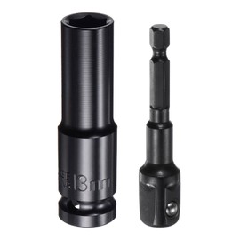 uxcell 1/2" Drive 13mm 6-Point Deep Sockets 3" Length with 1/2" to 1/4" Hex Shank Adapters Phosphate Coated, CR-V Steel Socket Adapter Accessory Set Kit for Hex Bolts Nuts