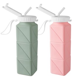 Opard Collapsible Water Bottles 21 Oz - BPA Free, Leak Proof, Foldable Silicone Collapse Water Bottle with Straw, Easy to Compact and Expandable, Travel Essentials Accessories (Green + Pink)