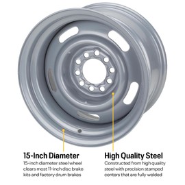 Speedway Motors GM Dual Pattern Silver 15” x 10” Rally Wheel, 5 x 4.5 Inch – 5 x 4.75 Inch Bolt Direct-Fit Bolt Pattern, Rear-Wheel Drive Vehicle Only