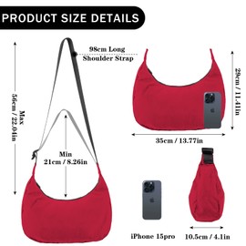 Medium Nylon Crescent Shoulder Bag for Women Men,Crossbody Bag with Adjustable Strap,Dual Interior Zip Pocket Lightweight Sling Bag for Everyday Casual Travel(Red