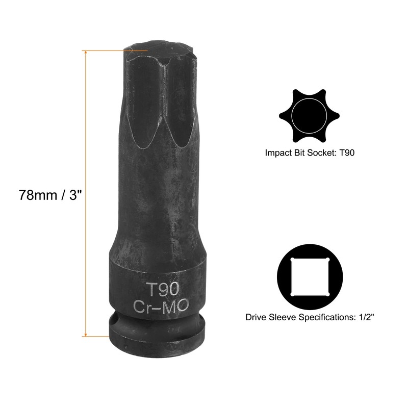 HARFINGTON T90 Torx Bit Socket 1/2" Drive 6 Point Torx