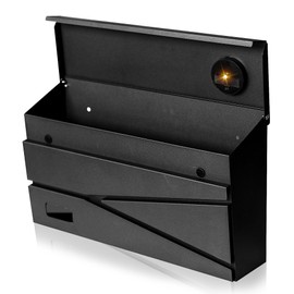 Ydocabinit Wall Mount Mailbox, Large Capacity Mailbox for House, Visibility Galvanized Steel Rust-Proof Metal Post Box Drop, Mailboxes for Outside, 15.74"×9.84"×4.33" Solar Lanterns Black