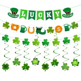 AhfuLife St Patricks Day Decorations Lucky Banner, 3pcs Pre-assembled Shamrock Banner Decorations, 8pcs Shamrock Hanging swirls Decor for Home, Office, Outdoor Decor Irish Festival Party Supplies