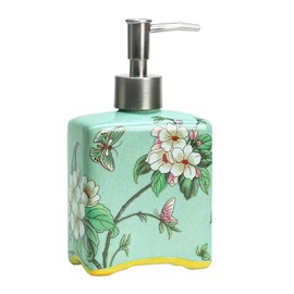 Bicuzat Ceramic Soap Dispenser, Lotion Bottle, Soap Bottle with Removable Pump, Flower Pattern Dispenser for Kitchen Soap, Bathroom Soap, Lotion and Essential Oil-Cyan-13 OZ