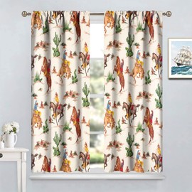 Vintage West Cowboy Window Curtains, Wild West Cowboy Ride Horse and Desert Cactus Blackout Rod Pocket Window Treatments for Bedroom Living Room 42x45in