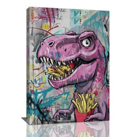 Banksy Dinosaur Graffiti Wall Art Funny Dino Picture Street Pop Art Wall Decor Canvas Painting Artwork Framed Decoration Gifts for Girls boys Bedroom Living Room Office Bathroom 16"x24"